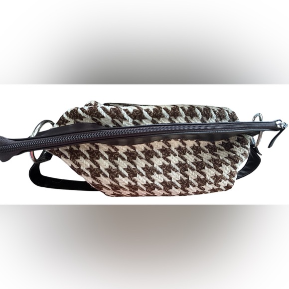 Vintage Houndstooth Fashion Express Brown Cream Satchel Bag Purse Heart Pocket - Picture 14 of 14